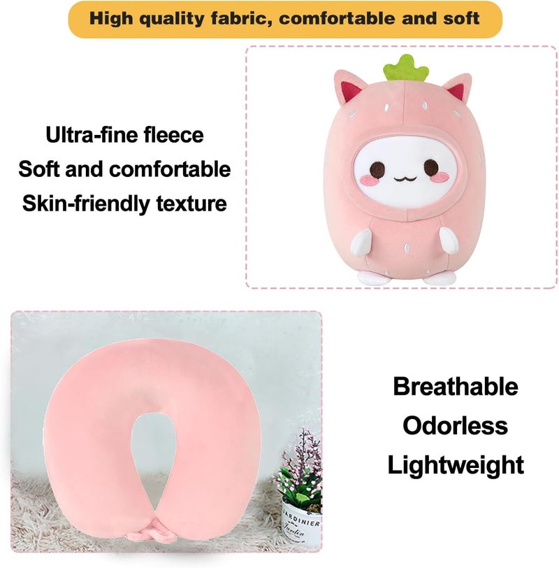 stocaggio Kids Travel Pillow - 2-in-1 Deformable Kids Neck Pillow for Traveling, Soft U-Shaped Pillow with Adorable Animal Design, Comfy Sleep and Play, Ideal for Airplanes and Traveling (Pink Strawberry) - Image 3